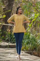 Yellow Ethnic Motif Printed Georgette High-Low Tunic.-2966YELLOW